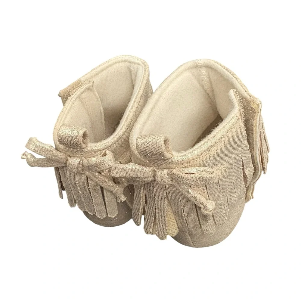 Rising Star‎ Baby Crib Shoes Gold Fringe Moccasins Size 9-12 4.5” Soft Sole